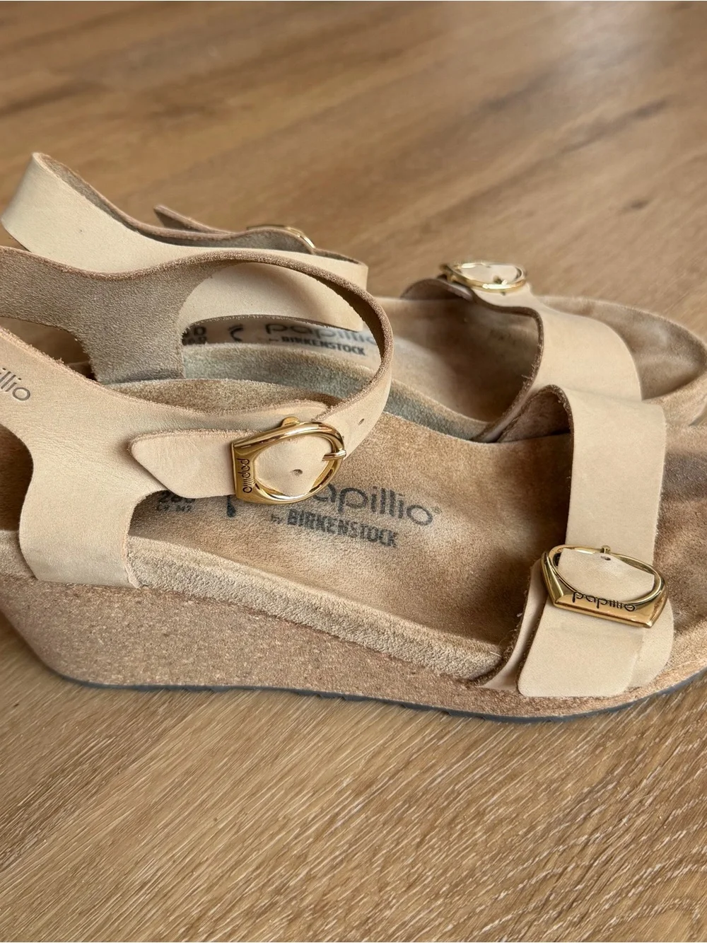 Birkenstock Papillio Soley Cork Wedge Heel Sandal Tan with Gold Buckles